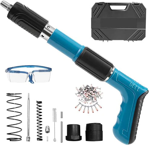 Concrete Nail Gun With 50 Steel Nails, Four Adjustable Force Levels - Mini Portable for Woodworking and Home Improvement - Set With Tool Kit