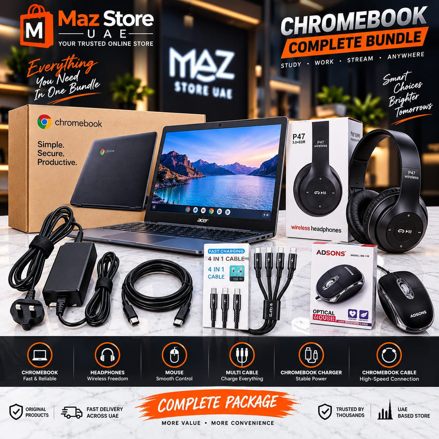 Maztronic Chromebook 6-in-1 Complete Tech Bundle | 🎧 Earbuds + 🎧 Headphones + 🖱️ Mouse + 🔋 Power Bank + 🔌 Cable + ⚡ Charger